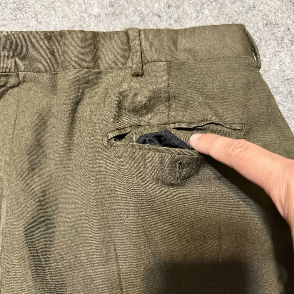 Vintage Harold Powell Mens Pleated Dress Pants Size 35 Olive Cuffed Wool Italy